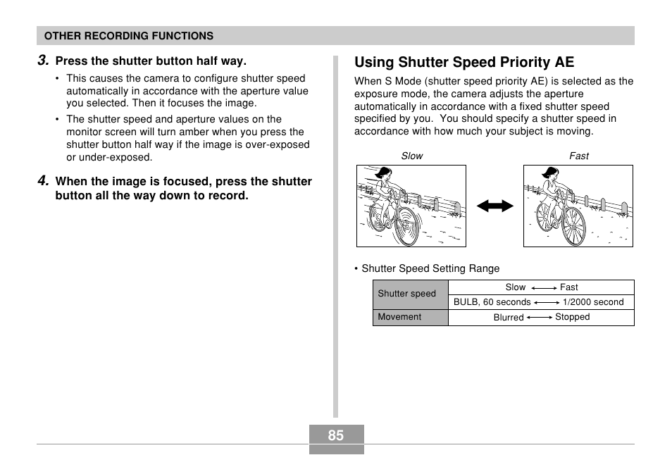 Using shutter speed priority ae | Casio EX-P600 User Manual | Page 85 / 247