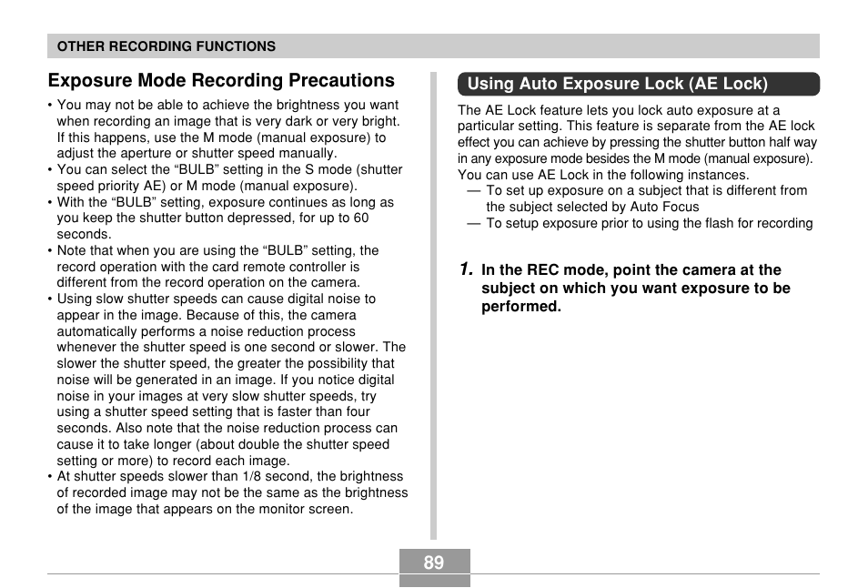 Exposure mode recording precautions, Using auto exposure lock (ae lock) | Casio EX-P600 User Manual | Page 89 / 247