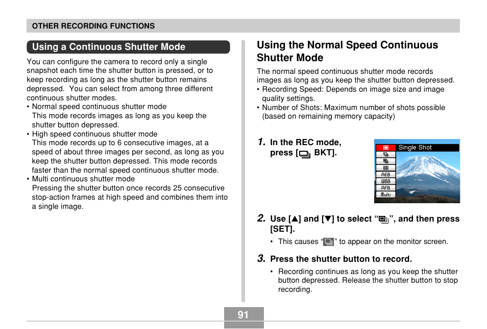 Using a continuous shutter mode, Using the normal speed continuous shutter mode | Casio EX-P600 User Manual | Page 91 / 247