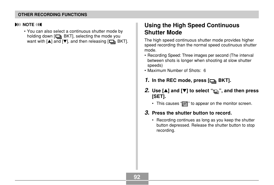 Using the high speed continuous shutter mode | Casio EX-P600 User Manual | Page 92 / 247