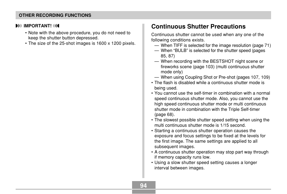 Continuous shutter precautions | Casio EX-P600 User Manual | Page 94 / 247