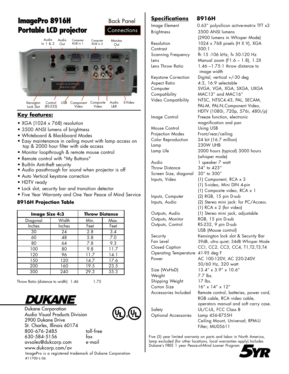 Imagepro 8916h portable lcd projector, Connections back panel | Dukane Portable LCD Projector ImagePro 8916H User Manual | Page 2 / 2