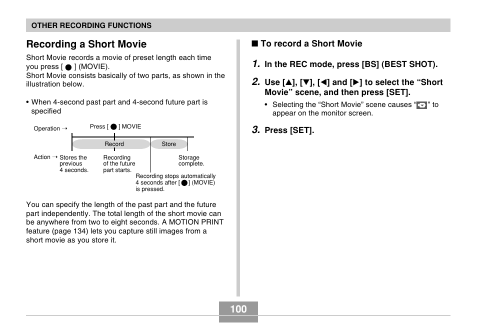 Recording a short movie, 100 recording a short movie | Casio EX-s600 User Manual | Page 100 / 245