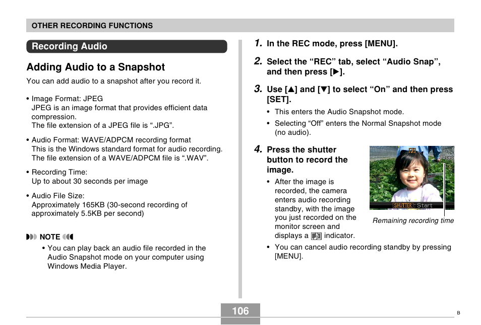 Recording audio, Adding audio to a snapshot | Casio EX-s600 User Manual | Page 106 / 245