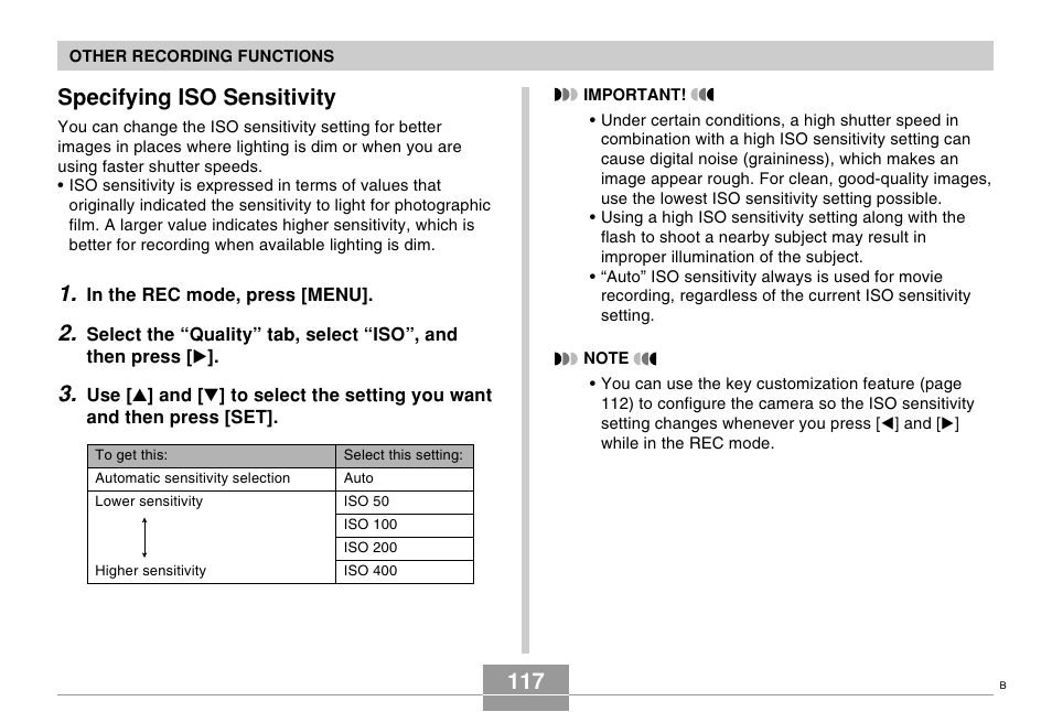 Specifying iso sensitivity | Casio EX-s600 User Manual | Page 117 / 245