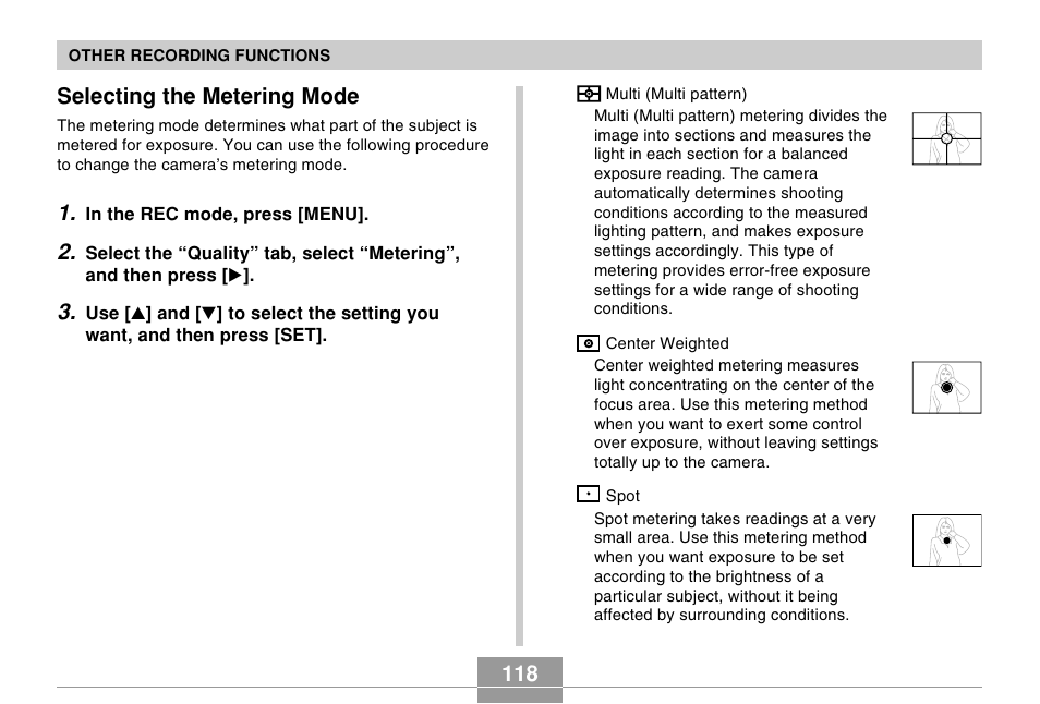 Selecting the metering mode | Casio EX-s600 User Manual | Page 118 / 245