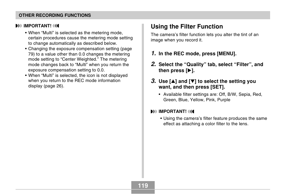 Using the filter function, 119 using the filter function | Casio EX-s600 User Manual | Page 119 / 245