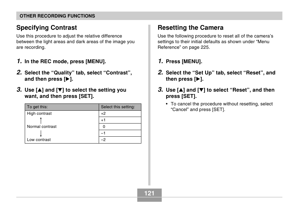 Specifying contrast, Resetting the camera, 121 resetting the camera | Casio EX-s600 User Manual | Page 121 / 245