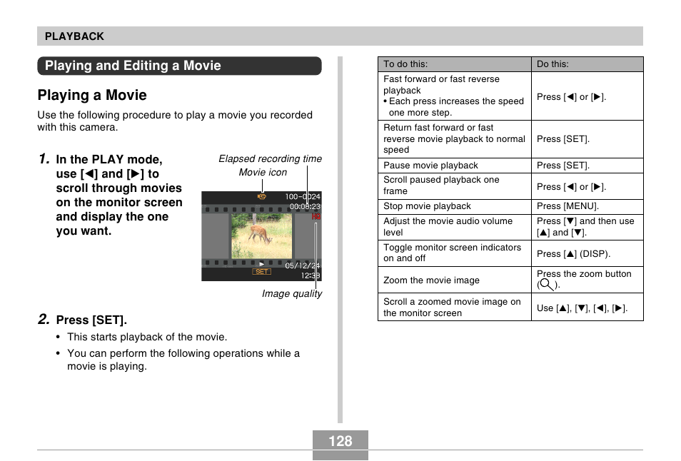 Playing and editing a movie, Playing a movie | Casio EX-s600 User Manual | Page 128 / 245