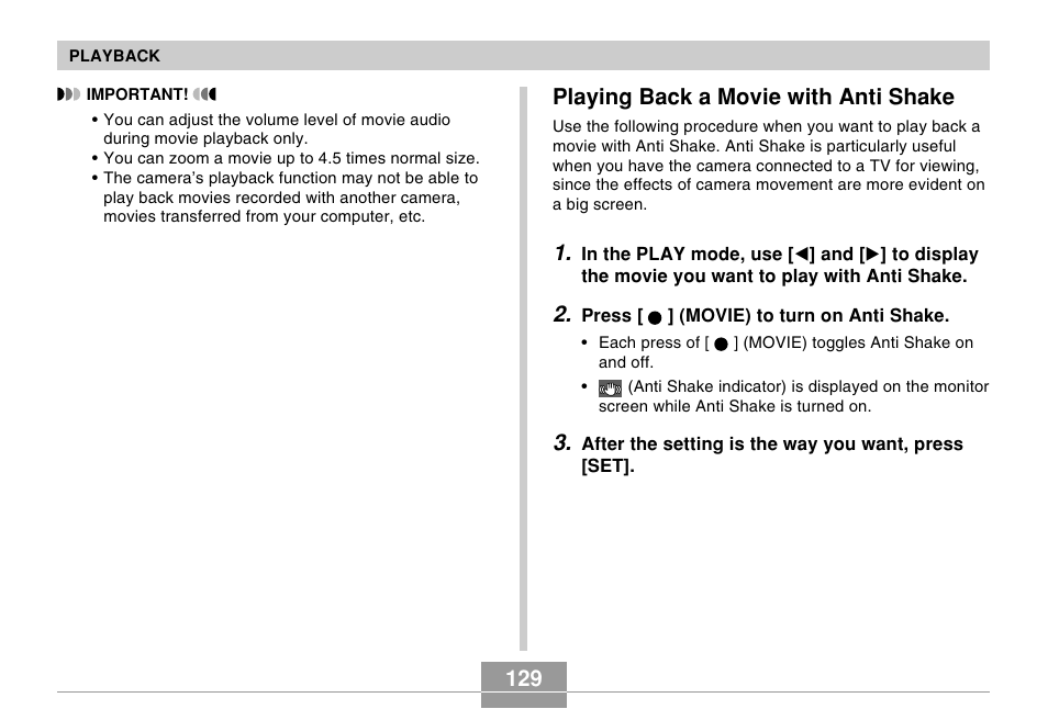 Playing back a movie with anti shake | Casio EX-s600 User Manual | Page 129 / 245