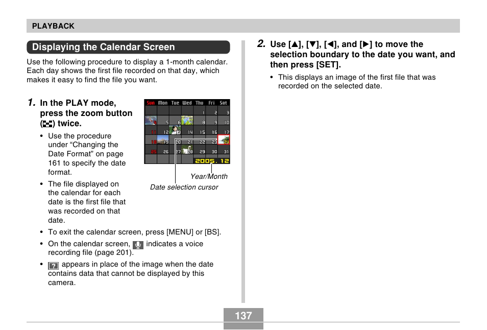 Displaying the calendar screen | Casio EX-s600 User Manual | Page 137 / 245
