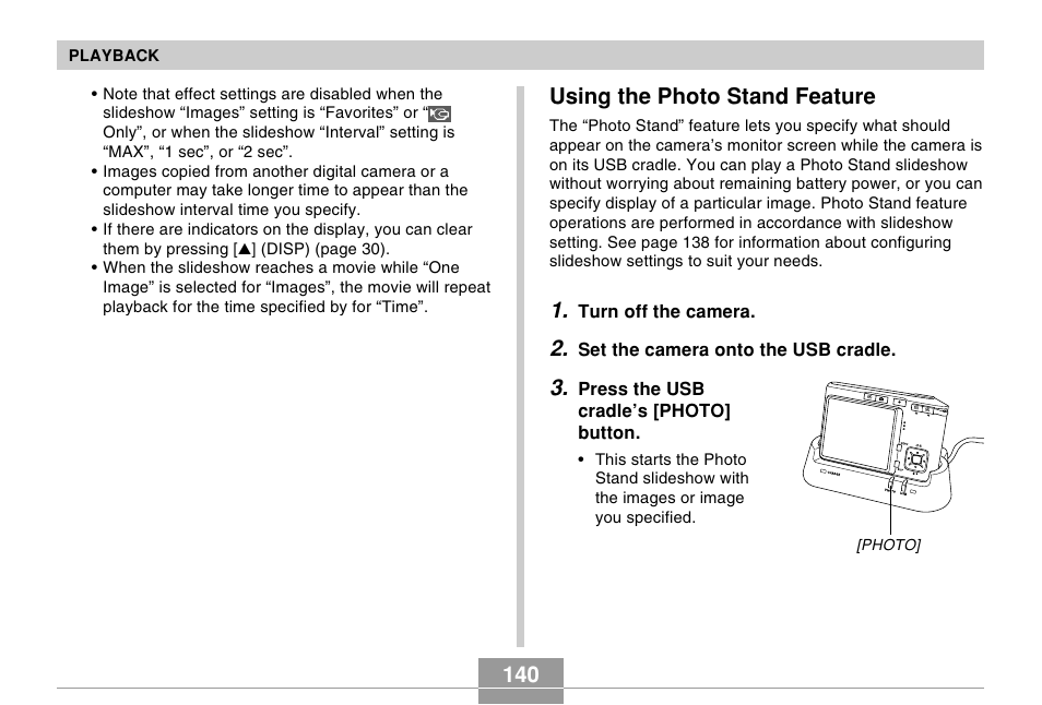 Using the photo stand feature, 140 using the photo stand feature | Casio EX-s600 User Manual | Page 140 / 245