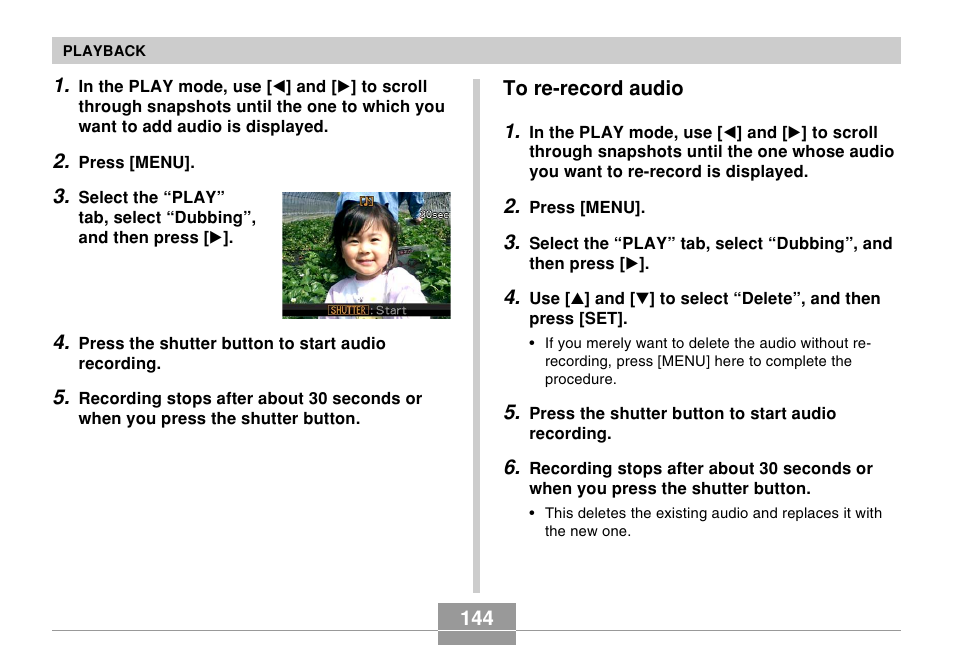 To re-record audio | Casio EX-s600 User Manual | Page 144 / 245