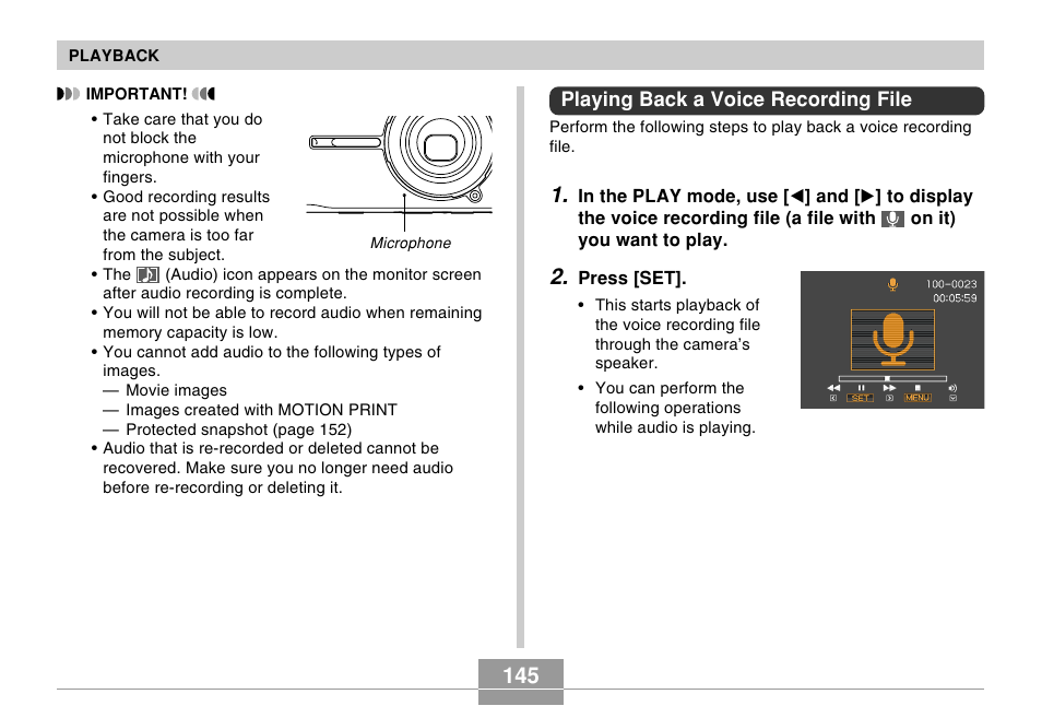 Playing back a voice recording file | Casio EX-s600 User Manual | Page 145 / 245