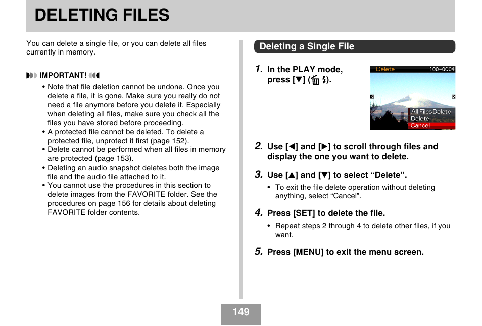 Deleting files, Deleting a single file | Casio EX-s600 User Manual | Page 149 / 245