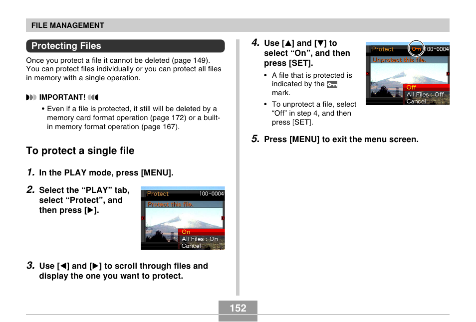 Protecting files, To protect a single file | Casio EX-s600 User Manual | Page 152 / 245