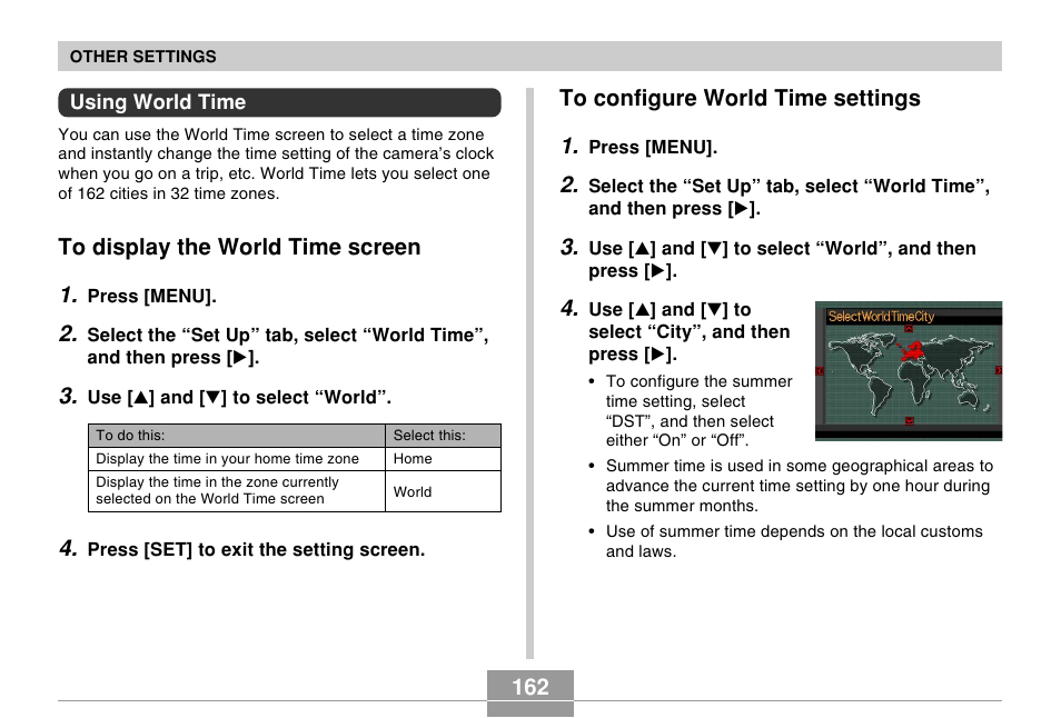 Using world time, To display the world time screen, To configure world time settings | Casio EX-s600 User Manual | Page 162 / 245