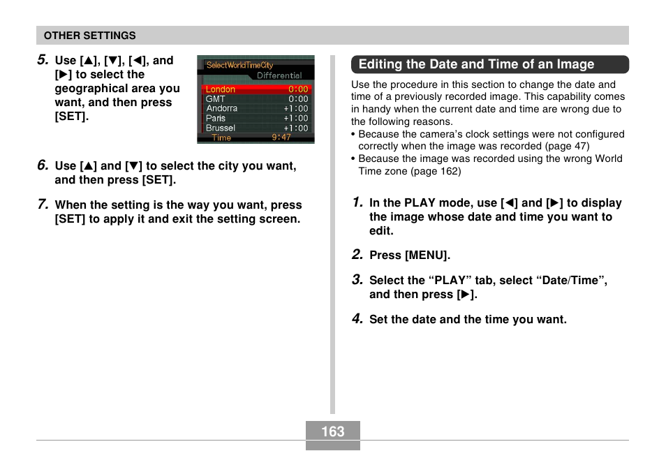 Editing the date and time of an image | Casio EX-s600 User Manual | Page 163 / 245