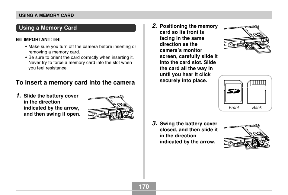 Using a memory card, To insert a memory card into the camera | Casio EX-s600 User Manual | Page 170 / 245
