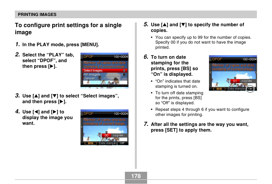 To configure print settings for a single image | Casio EX-s600 User Manual | Page 178 / 245