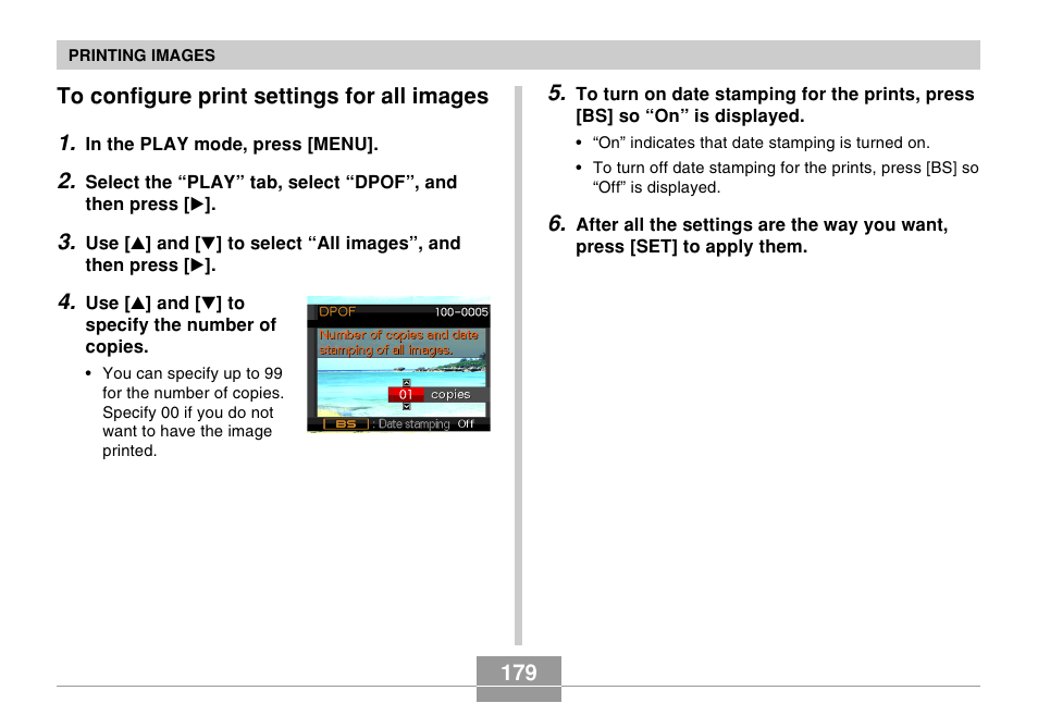 To configure print settings for all images, 179 to configure print settings for all images 1 | Casio EX-s600 User Manual | Page 179 / 245