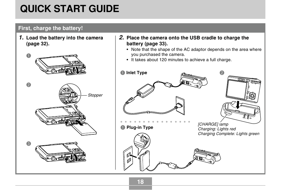 Quick start guide, First, charge the battery, Load the battery into the camera (page 32) | Inlet type, Plug-in type | Casio EX-s600 User Manual | Page 18 / 245