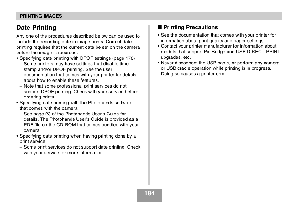 Date printing, 184 date printing | Casio EX-s600 User Manual | Page 184 / 245
