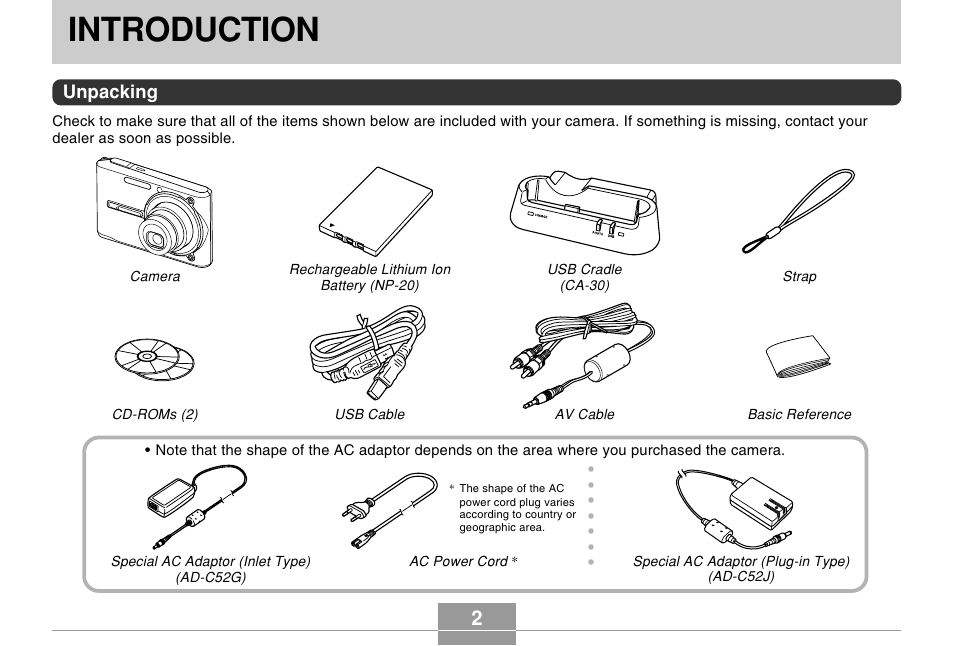 Introduction, Unpacking | Casio EX-s600 User Manual | Page 2 / 245