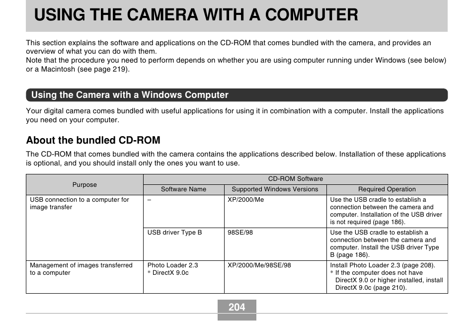 Using the camera with a computer, Using the camera with a windows computer, About the bundled cd-rom | Casio EX-s600 User Manual | Page 204 / 245