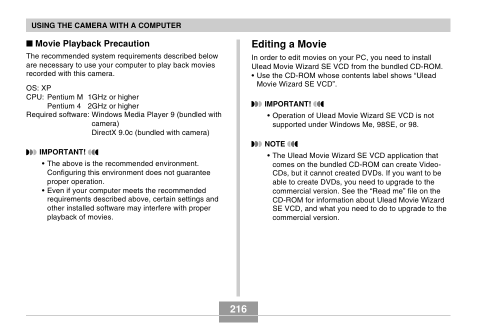 Editing a movie | Casio EX-s600 User Manual | Page 216 / 245