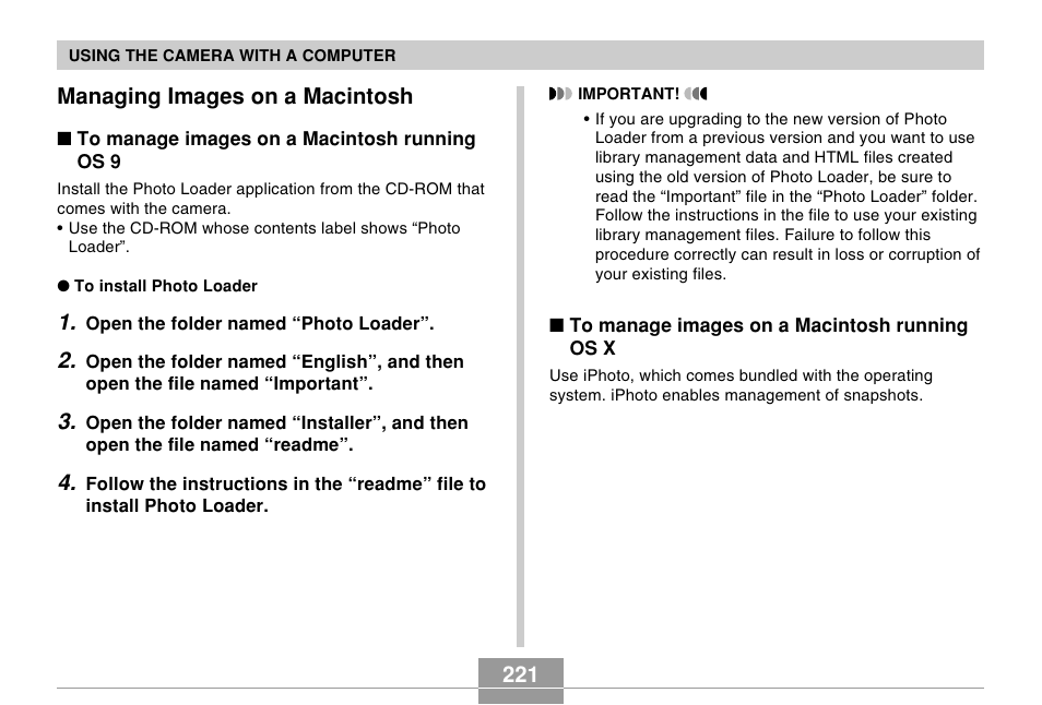 Managing images on a macintosh, 221 managing images on a macintosh | Casio EX-s600 User Manual | Page 221 / 245