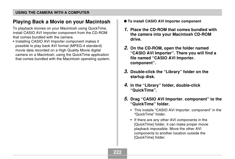 Playing back a movie on your macintosh, 222 playing back a movie on your macintosh | Casio EX-s600 User Manual | Page 222 / 245