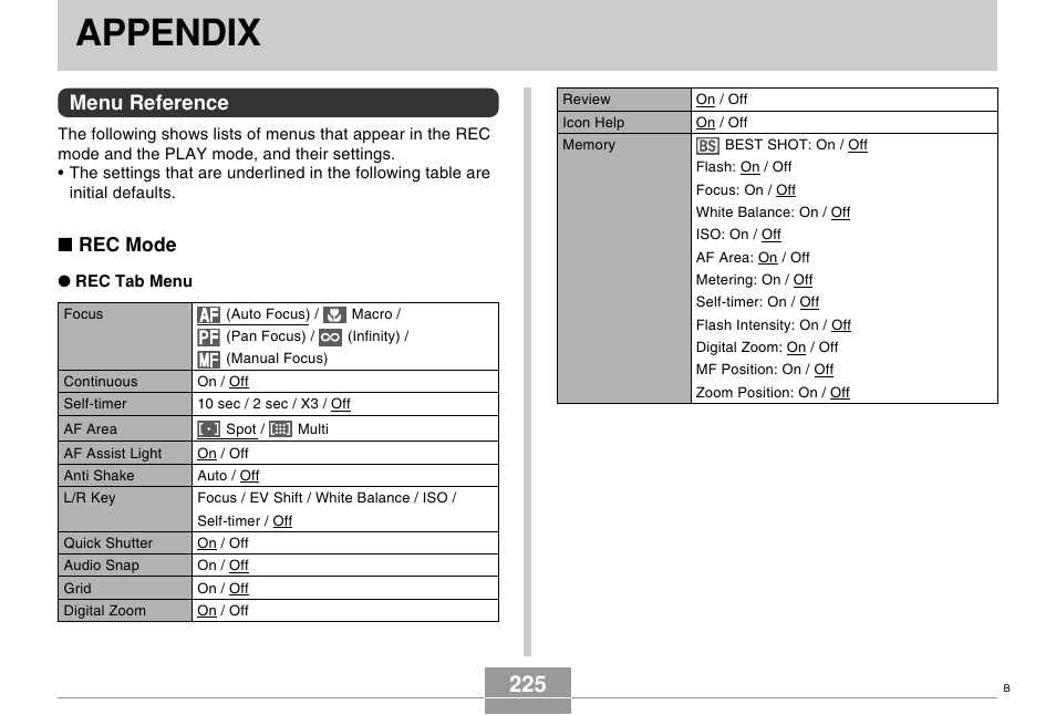 Appendix, Menu reference, Rec mode | Casio EX-s600 User Manual | Page 225 / 245