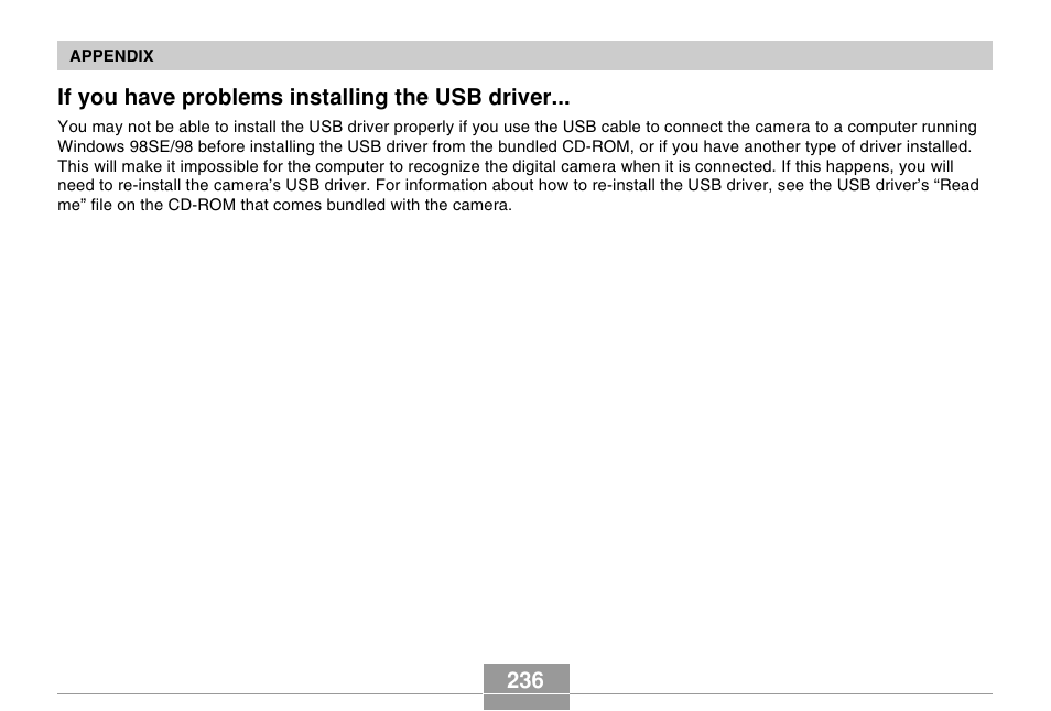 If you have problems installing the usb driver, 236 if you have problems installing the usb driver | Casio EX-s600 User Manual | Page 236 / 245