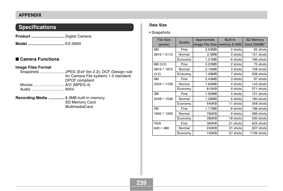 Specifications, Appendix, Camera functions | Casio EX-s600 User Manual | Page 239 / 245