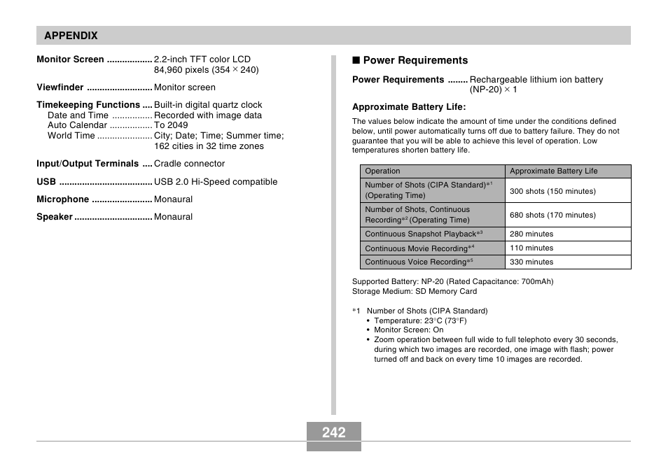 Appendix, Power requirements | Casio EX-s600 User Manual | Page 242 / 245