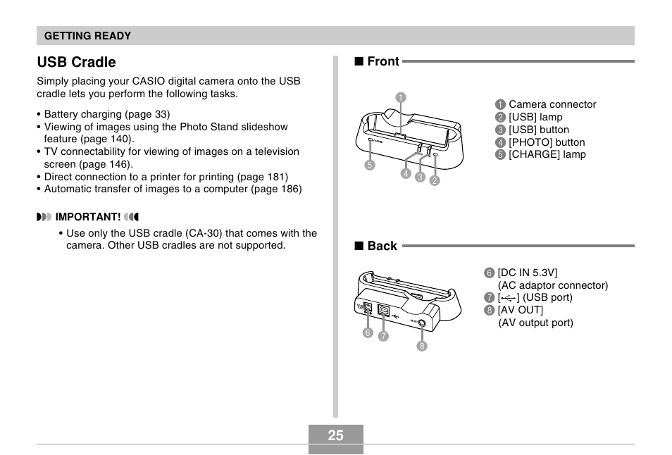 Usb cradle, 25 usb cradle | Casio EX-s600 User Manual | Page 25 / 245