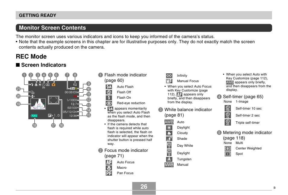 Monitor screen contents, Rec mode, Screen indicators | Casio EX-s600 User Manual | Page 26 / 245