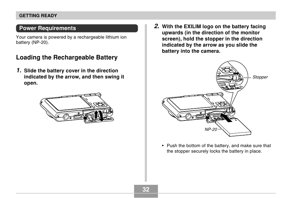 Power requirements, Loading the rechargeable battery, Loading the rechargeable battery 1 | Casio EX-s600 User Manual | Page 32 / 245