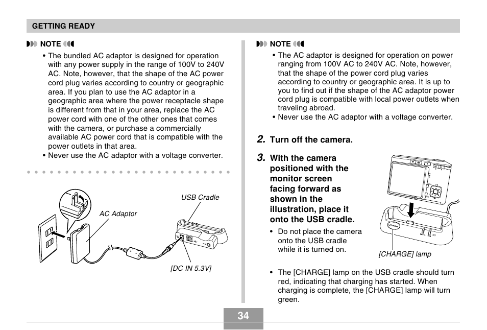 Turn off the camera, Getting ready, Usb cradle ac adaptor [dc in 5.3v] [charge] lamp | Casio EX-s600 User Manual | Page 34 / 245