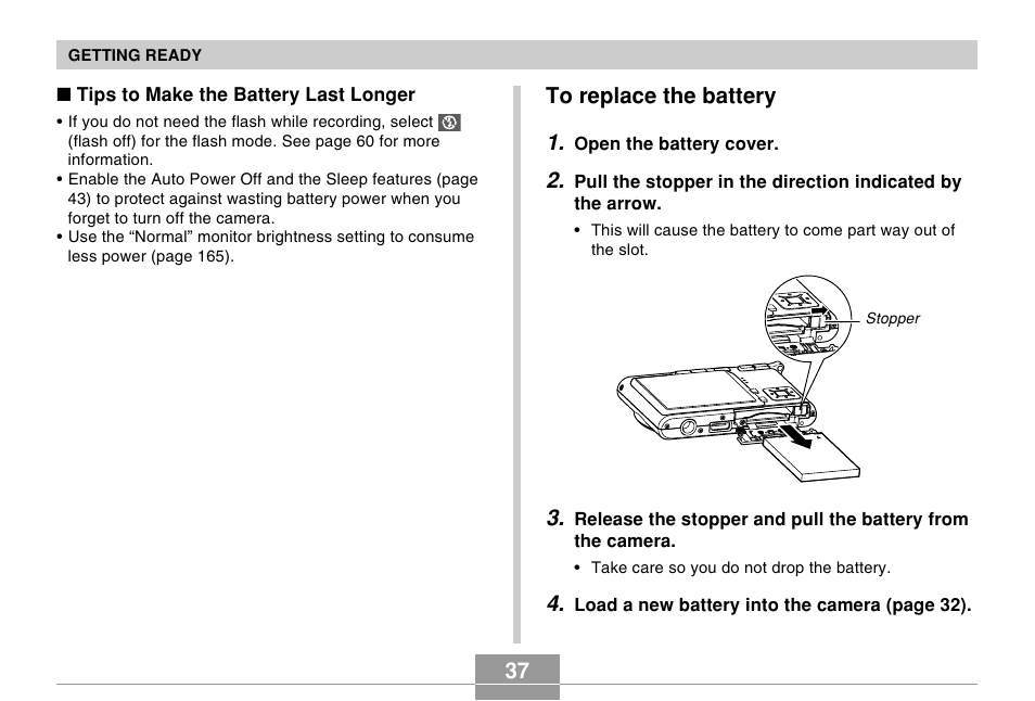 To replace the battery, 37 to replace the battery 1 | Casio EX-s600 User Manual | Page 37 / 245