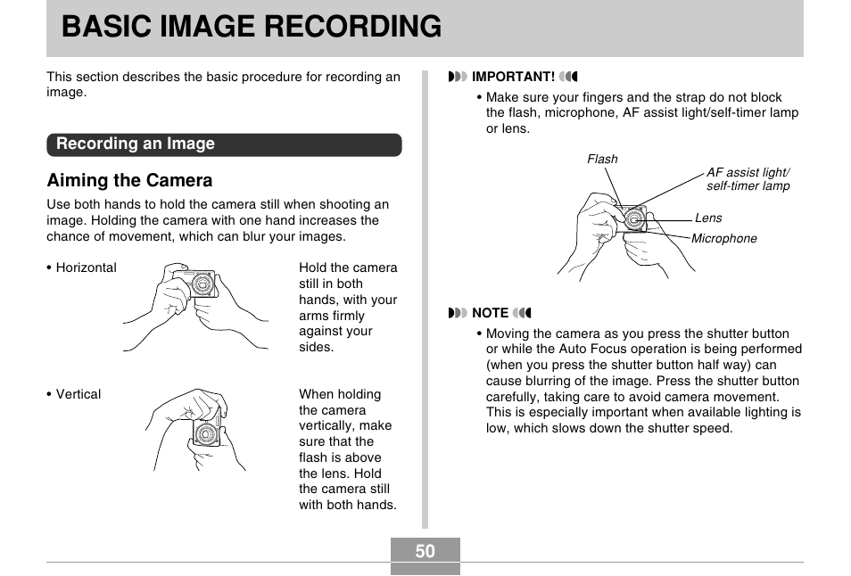 Basic image recording, Recording an image, Aiming the camera | Casio EX-s600 User Manual | Page 50 / 245