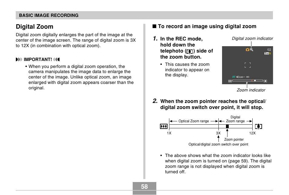 Digital zoom, 58 digital zoom | Casio EX-s600 User Manual | Page 58 / 245