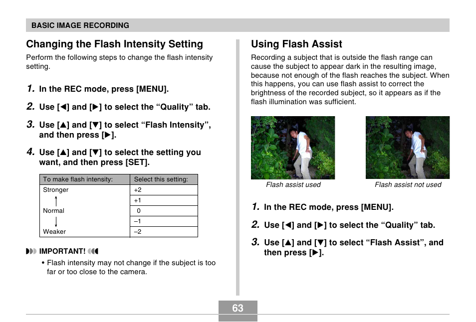 Changing the flash intensity setting, Using flash assist, 63 changing the flash intensity setting | Casio EX-s600 User Manual | Page 63 / 245
