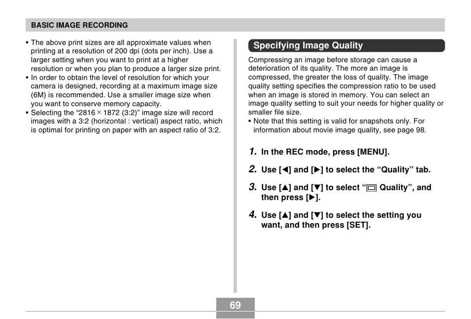 Specifying image quality | Casio EX-s600 User Manual | Page 69 / 245