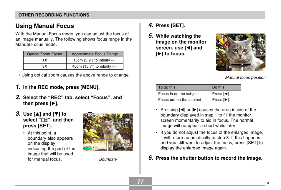 Using manual focus | Casio EX-s600 User Manual | Page 77 / 245