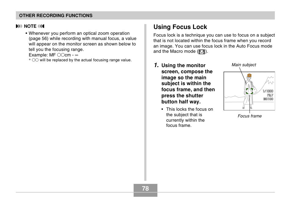 Using focus lock | Casio EX-s600 User Manual | Page 78 / 245