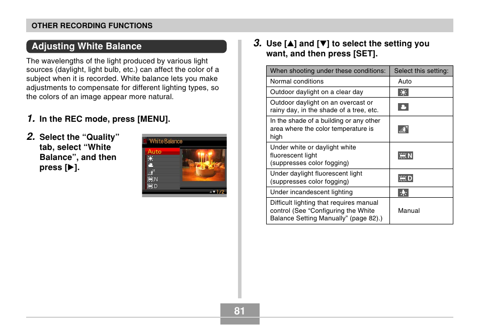 Adjusting white balance | Casio EX-s600 User Manual | Page 81 / 245