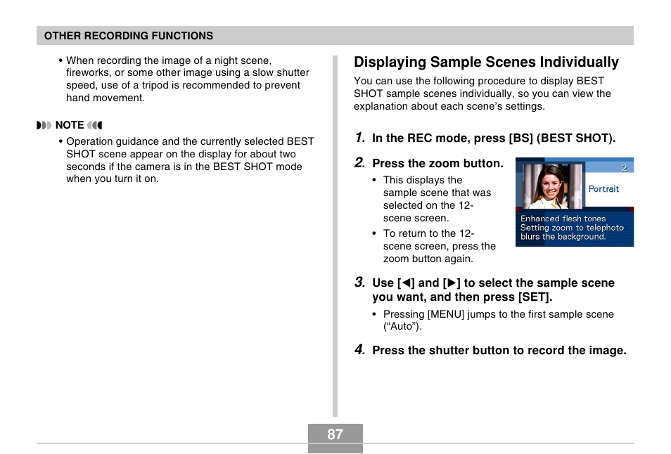 Displaying sample scenes individually, 87 displaying sample scenes individually | Casio EX-s600 User Manual | Page 87 / 245
