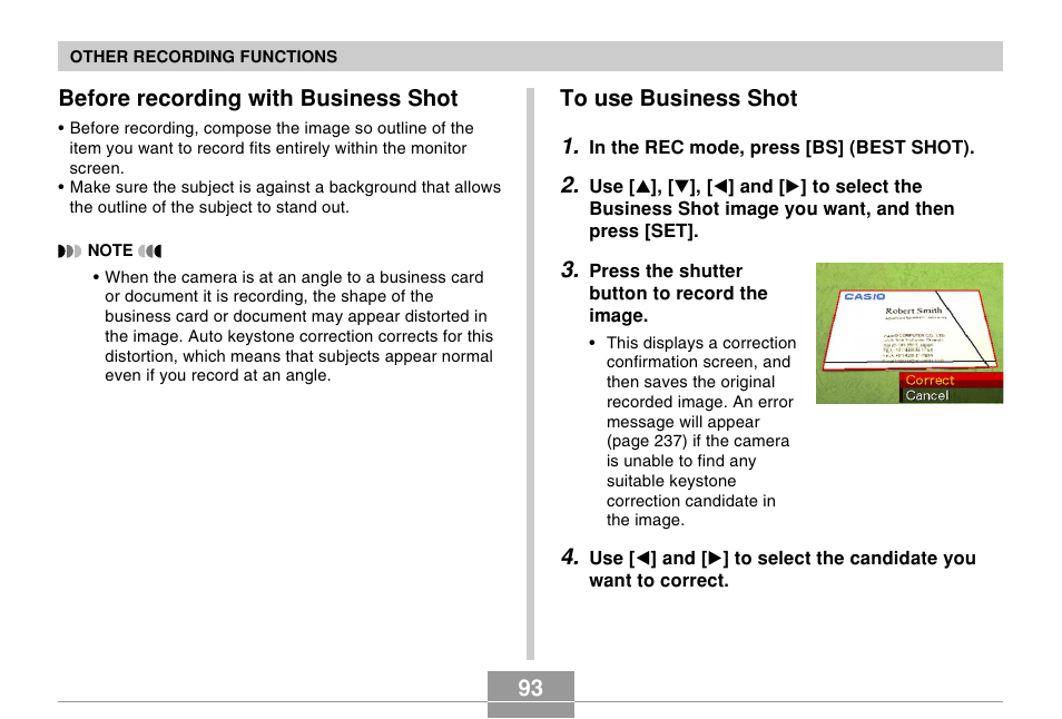Before recording with business shot, To use business shot, 93 before recording with business shot | Casio EX-s600 User Manual | Page 93 / 245